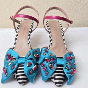 Betsey Johnson Black and White Striped Heels with Blue Bow